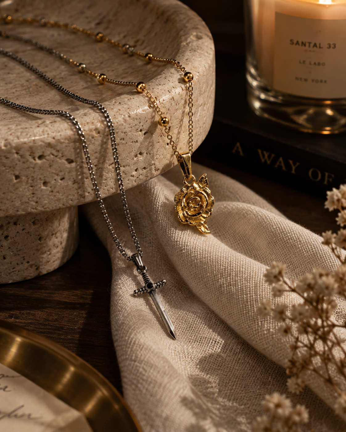 Rose & Sword Matching Necklaces