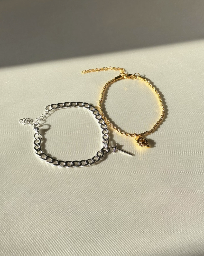 Steel Chain Rose & Sword Matching Bracelets