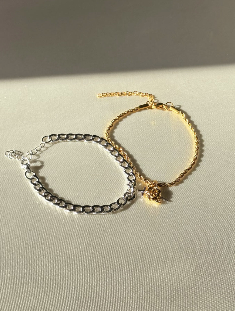 Steel Chain Rose & Sword Matching Bracelets