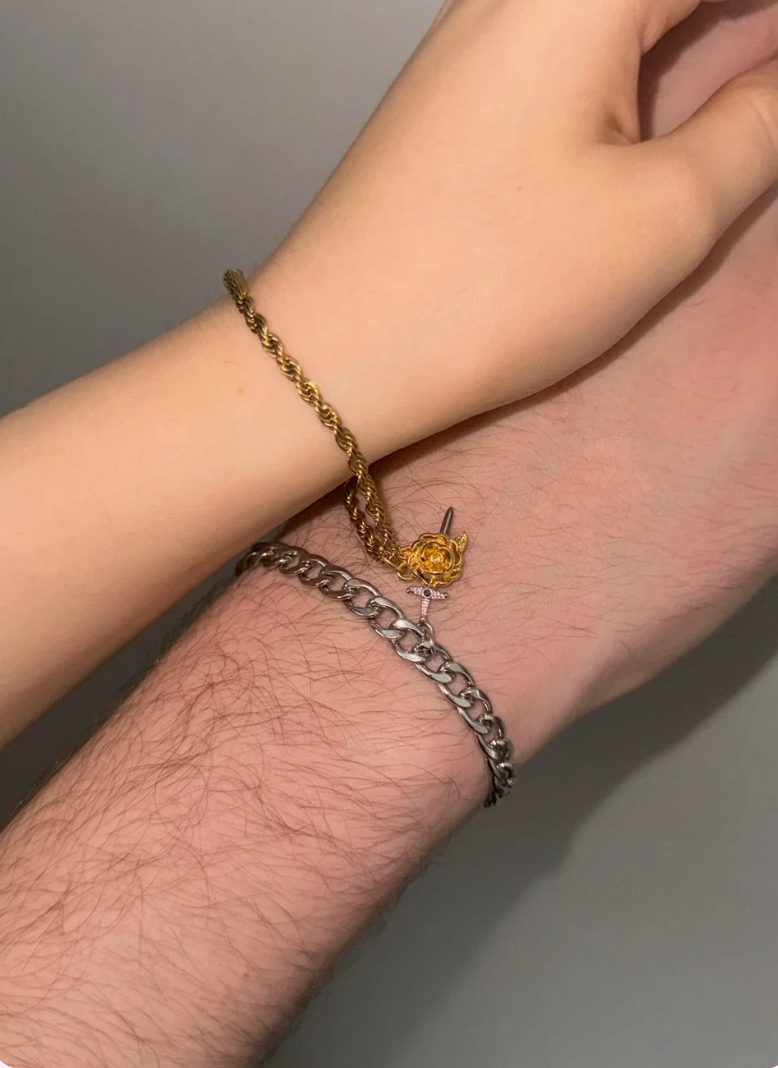 Steel Chain Rose & Sword Matching Bracelets