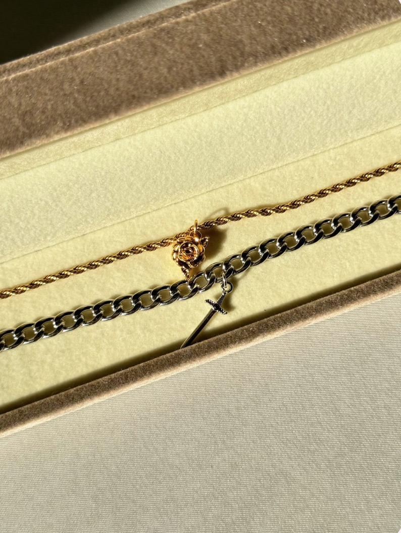 Steel Chain Rose & Sword Matching Bracelets